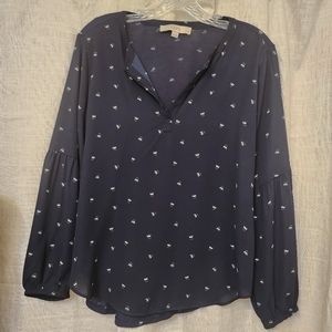 LOFT Navy V-neck Floral Long Sleeve Blouse Size MP